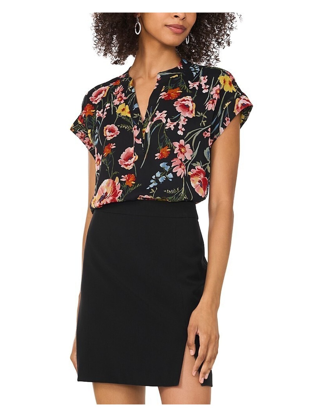 Vince Camuto Women's Floral-Print Split-Neck Top - Rich Black Size L - Picture 1 of 1